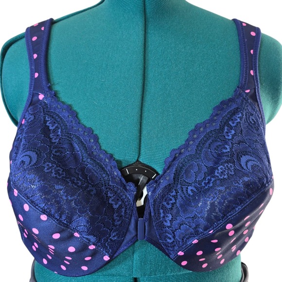 Glamorise 44C Bra Navy Blue Pink Polka Dot Lace Full Coverage Adjustable - Picture 1 of 10